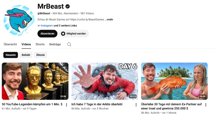 Screenshot: Kanalseite von MrBeast auf YouTube mit aktuellen Video-Thumbnails